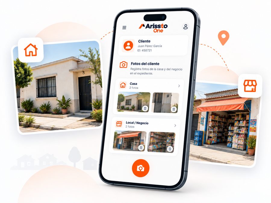 Pantalla de fotos del cliente en Arissto One: el expediente guarda fotos de la casa y del negocio, dos en cada grupo, tomadas desde el teléfono.