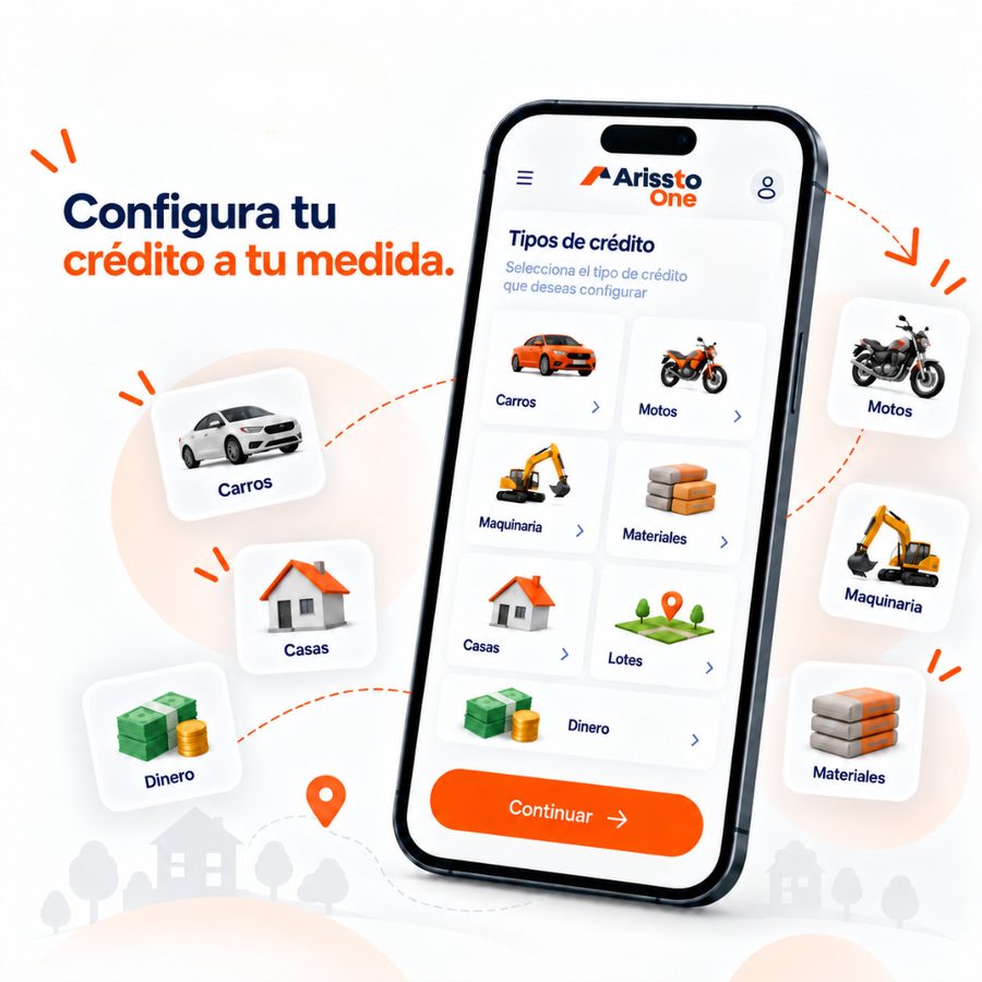 Configura tu crédito a tu medida: pantalla para elegir el tipo de crédito que se va a configurar, entre carros, motos, maquinaria, materiales, casas, lotes y dinero.
