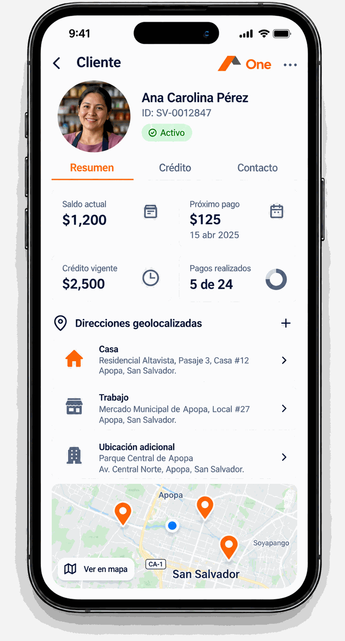 Ficha de un cliente en Arissto One: saldo actual, próximo pago, crédito vigente, pagos realizados y sus direcciones de casa y trabajo en el mapa.