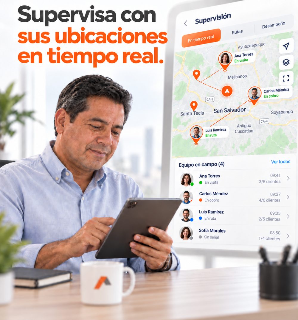 Supervisa con sus ubicaciones en tiempo real. Un supervisor revisa en una tableta el mapa de San Salvador con la ubicación de sus colectores y los clientes que visitó cada uno.